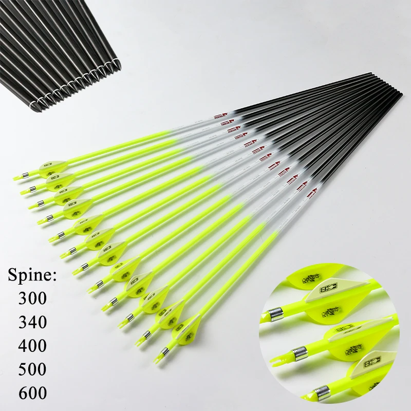 12Pcs-Archery-Carbon-Arrow-Sp300-340-400-500-600-Fluorescent-Yellow-Shaft-Compound-Bow-Shoot-ID6