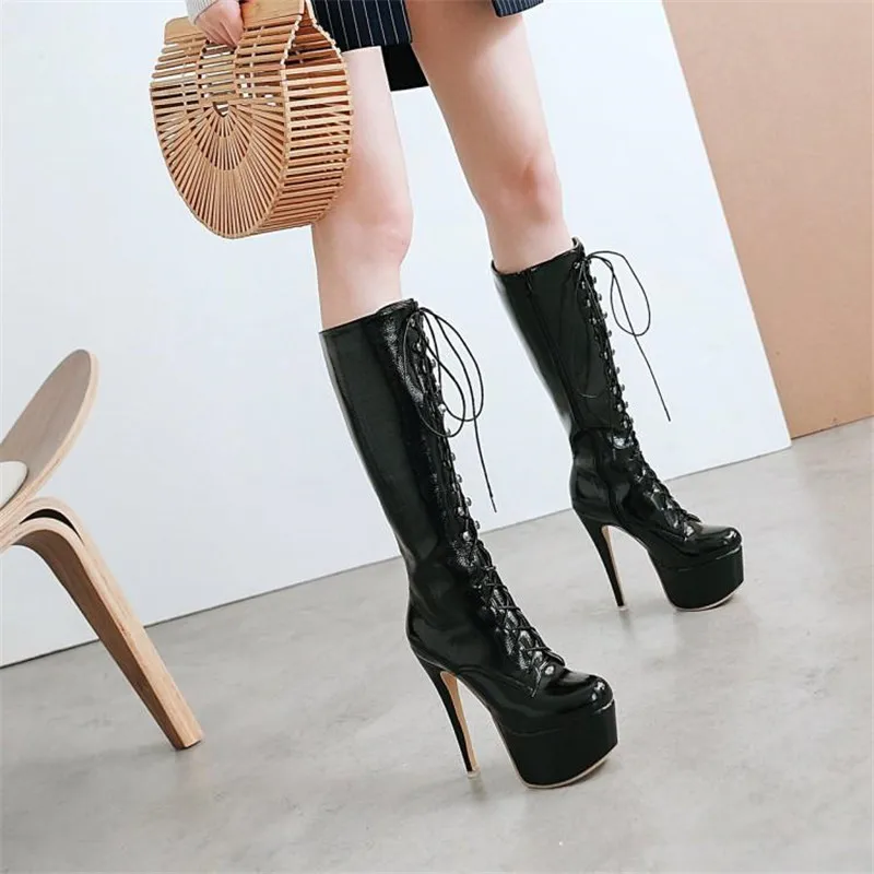 Sexy Patent Leather Thin Heels Women Knee High Boots Big Size Ladies Platform High Heels Pole Dancing Boots Women Mid-Calf Boots (6)