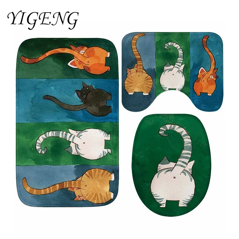 

3pcs Bathroom Carpet Bath Mat Set Cute Cat Pattern Mat Toilet Carpet U Shape Non-Slip Bathroom Carpet Rug Bathroom Products
