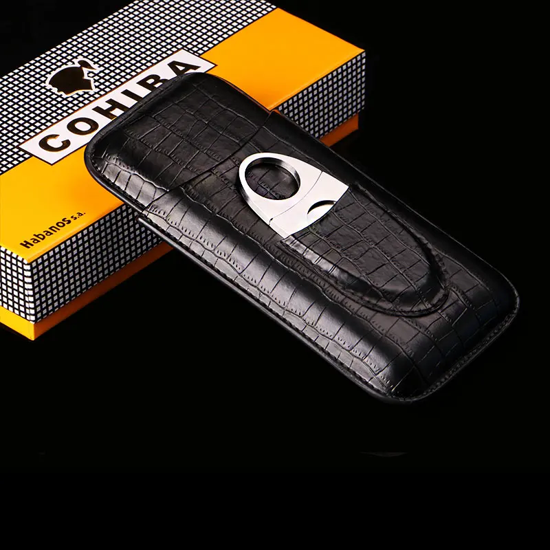 Кожаный чехол COHIBA с рисунком аллигатора черный и коричневый 3 трубки футляр для