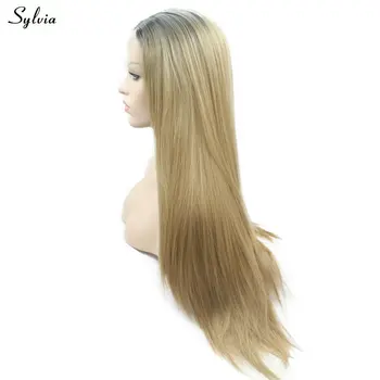 

Sylvia Long Blonde Hair Synthetic Lace Front Wigs Dark Roots To Pastel Blond Silky Straight Heat Resistant Fiber For Women Soft
