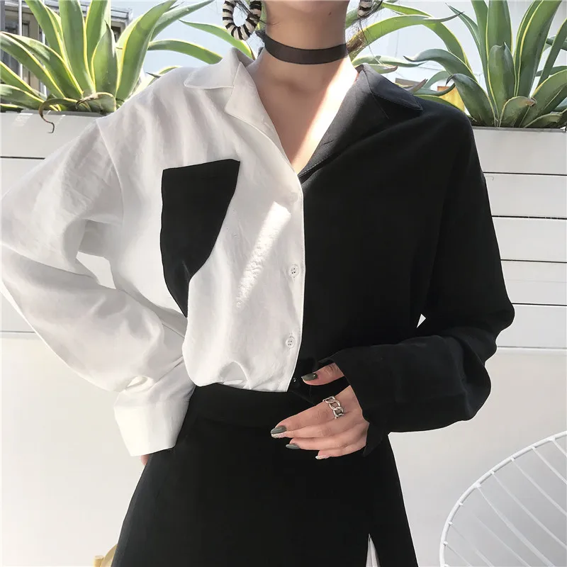  Korean Chic Style Black White Contrast Color Tops Female Harajuku Fashion Long Sleeve Vintage Shirt