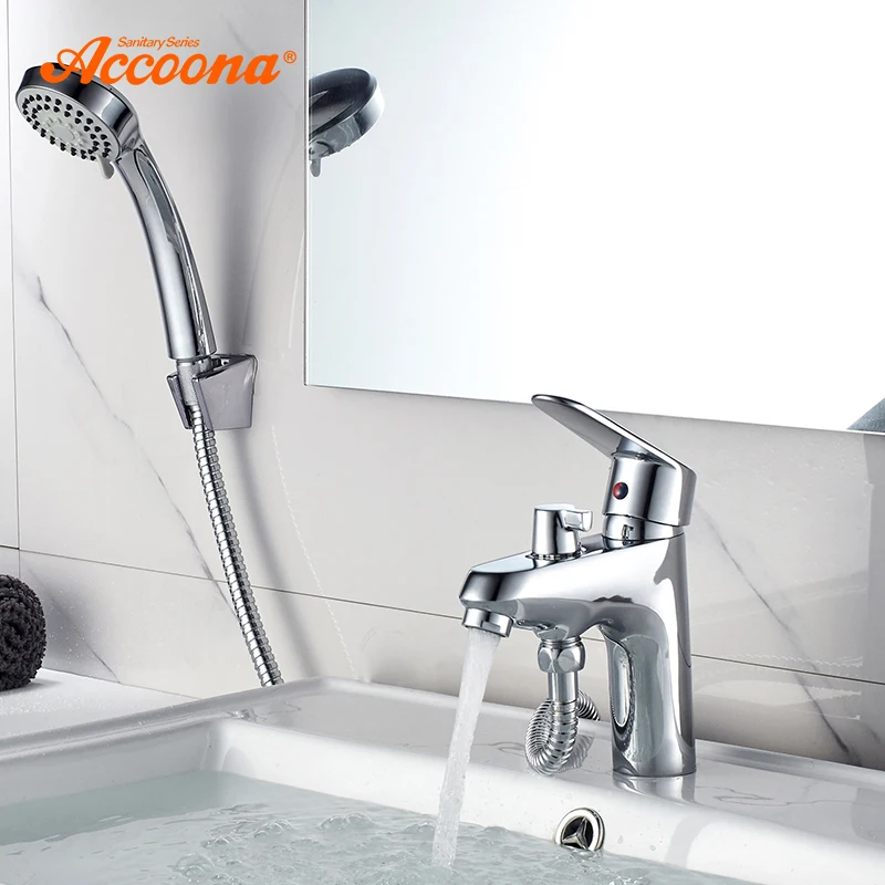 Billig Accoona Bad Becken Wasserhahn Chrom Einzigen Handgriff Waschbecken Wasserhahn Mixer mit Dusche Kopf Heiße Und Kalte Wasser Schlauch Armaturen a9369