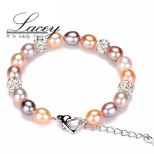 Boda de la manera natural de agua dulce perla pulsera de las mujeres, color multic esterlina 925 pulsera de plata del encanto de la joyería de regalo de cumpleaños