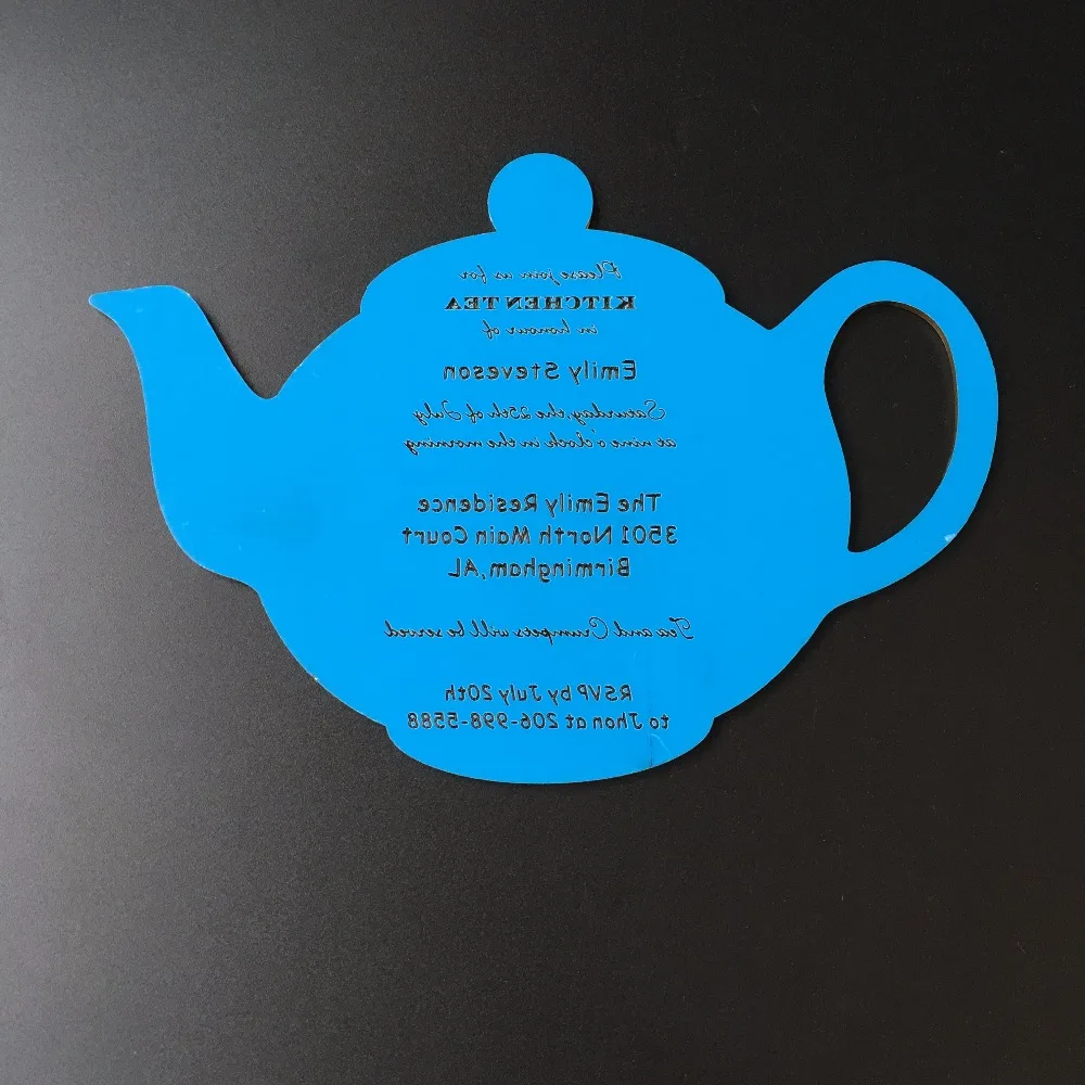  30Pieces Per Lot Funny Tea Pot Shape Wedding Kitchen Tea Golden Mirror Acrylic Invitation Cards SHI - 32872195064