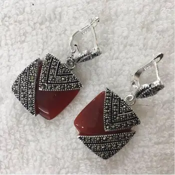 

Natural Green 925 Silver and Red Ag ate Marcasite Earrings 1 "