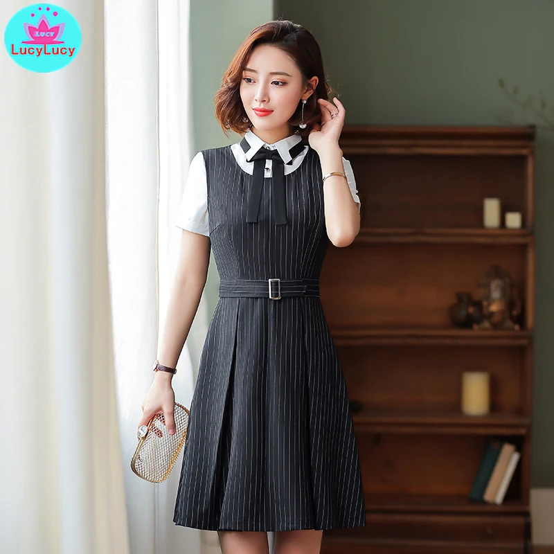 

2019 summer new Korean style female fashion professional striped bow bag hip dress Knee-Length Sheath Regular
