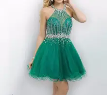 2016 Exquisite Grün Halfter Heimkehr Kleider Perlen Glänzenden Kristall Short Prom Dresses Tulle Cocktail Party Kleider Backless