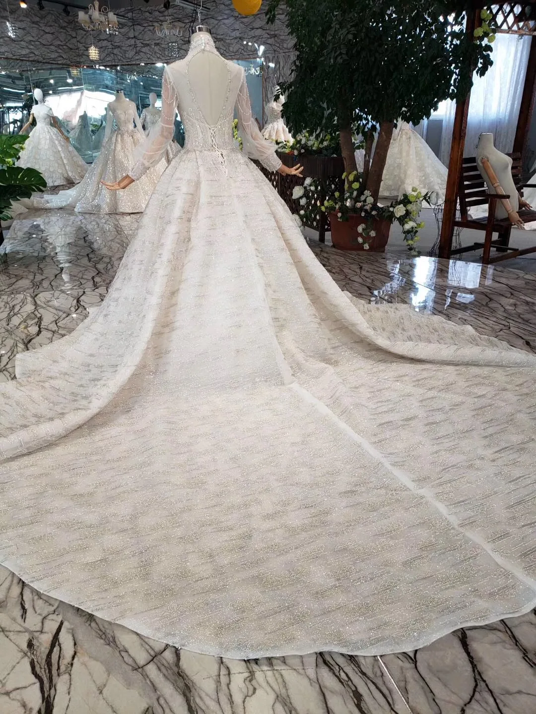 Robe De Mariee, свадебные платья, Длинные Пышные Рукава, свадебные платья, бисер, детали, высокая горловина, кружева, Аппликации, кристаллы, свадебное платье