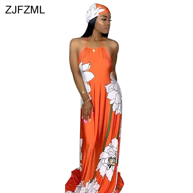 

Off The Shoulder Sexy Loose Long Dress Women Backless Flower Print Bohemian Dress Summer Beach Wear Floor Length Dress Headscarf