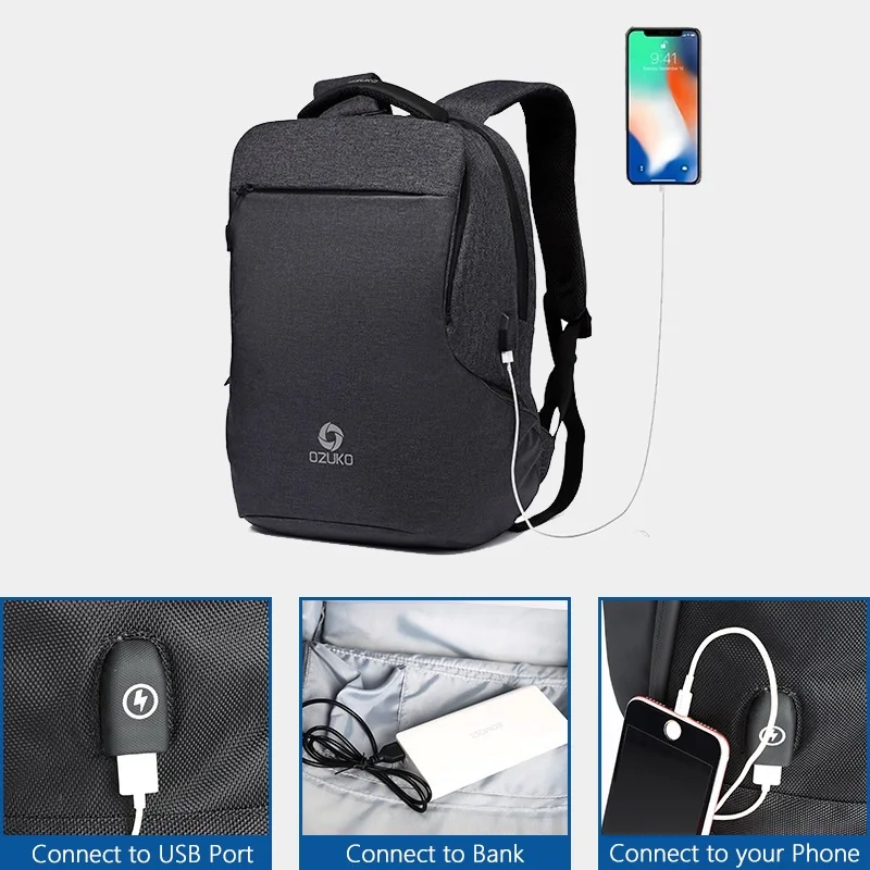  OZUKO New Men's 15.6 Inch Laptop Backpack USB Charging Male Backpacks Schoolbag for Teenager Waterp