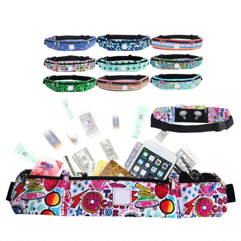 

Running Waist Bags Fanny Pack Women Men Printed Oxford Cloth Zipper Waterproof Hidden Pouch Holder Gym Bag