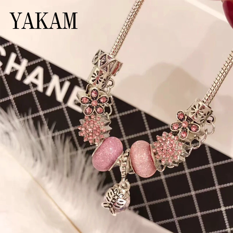 

Pink Blue Red Crystal Glass Flower Beads Pulsera Fit Original Fashion Charms Bracelet Heart Butterfly Fruit Dangle Bayan Jewelry
