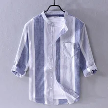 Летняя хлопковая и Льняная мужская рубашка, брендовые рубашки в полоску, Мужская модная рубашка с рукавом три четверти, рубашка для мужчин camisa
