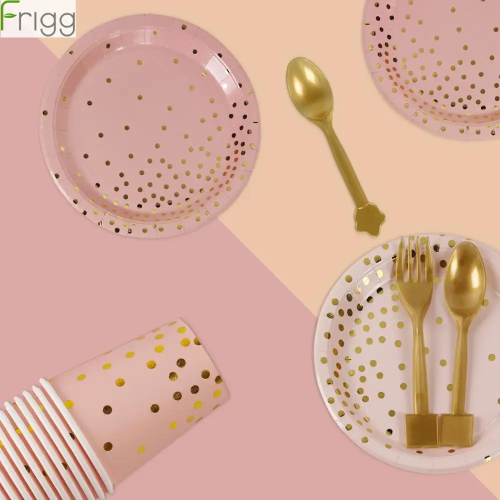 

168Pcs Rose Gold Dot Bronzing Disposable Party Tableware Set Disposable Plastic plates Dishes Dinner Plate Sets Party Supplies