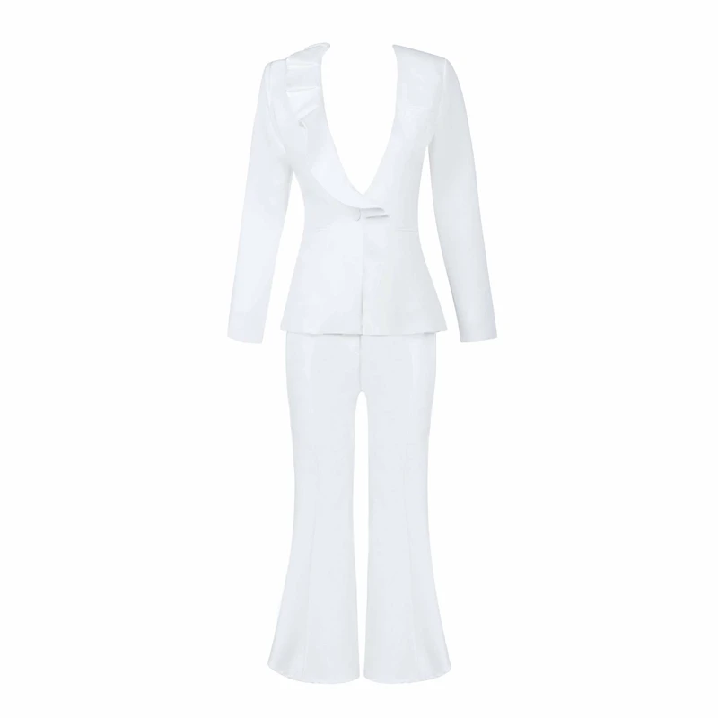 Bqueen 2018 New Women Two Pieces Sets Ruffle Deep V Sexy Fashion Business Pant Suits Set Formal Women Elegant Suit Set