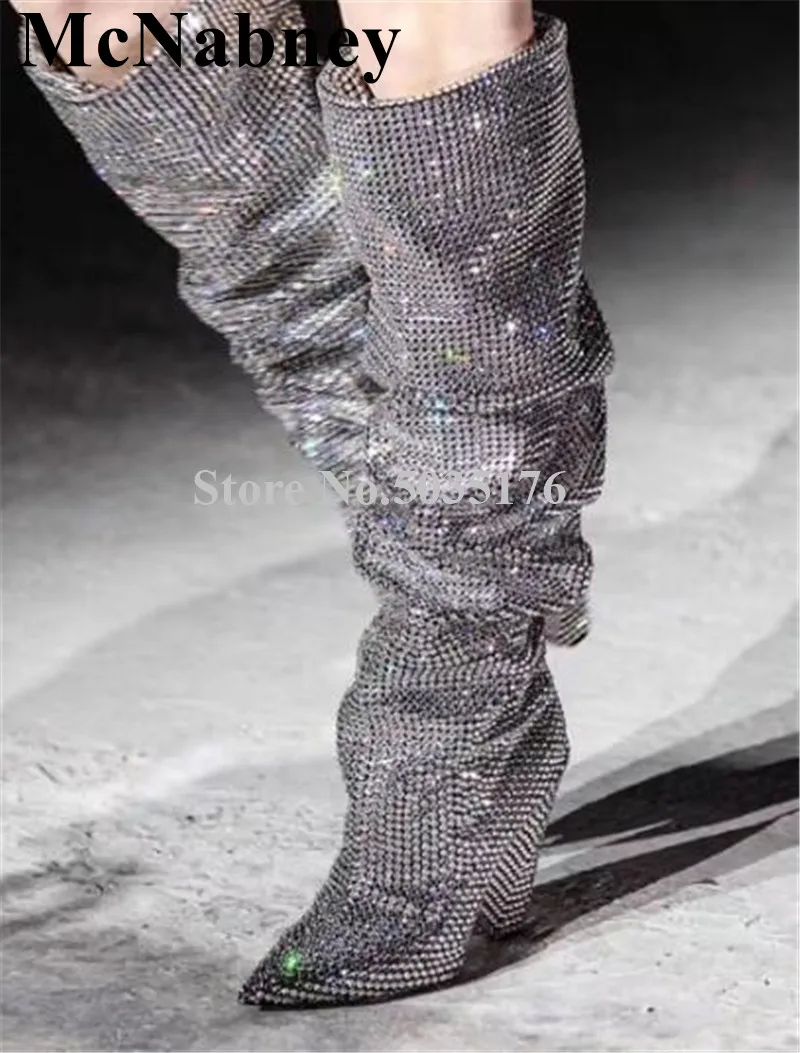 

European Bling Bling Catwalk Pointed Toe High Spike Heel Knee-High Pleated Rhinestone Boots Slip-On Spring/Autumn Women Shoes