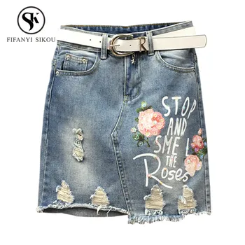

Denim Skirt High Waist A-line Mini Skirts Women 2019 Summer New Fashion Print Sequined Blue Jean Skirt Female Casual Short Skirt