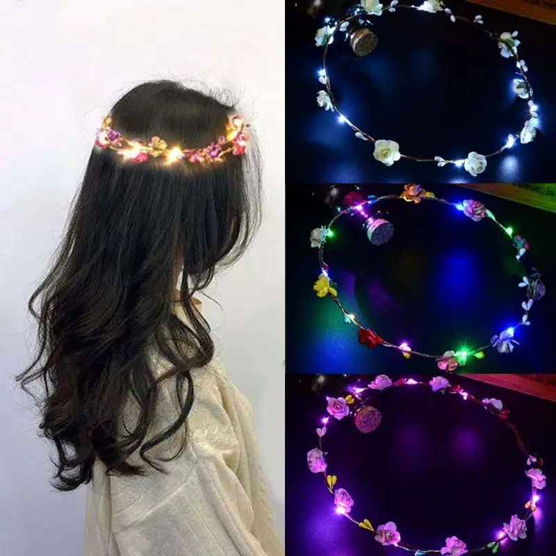 Рождественская вечеринка светящийся венок Хэллоуин корона цветок ободок Девушки Женщины светодиодный свет венок для волос лента для волос гирлянды