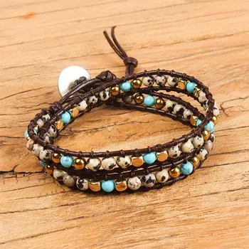 

Balibali Exquisite Handmade Leather Wrap Bracelet Multi Color Spare Crystal Beads Natural Stone Bracelet Adjustable Length