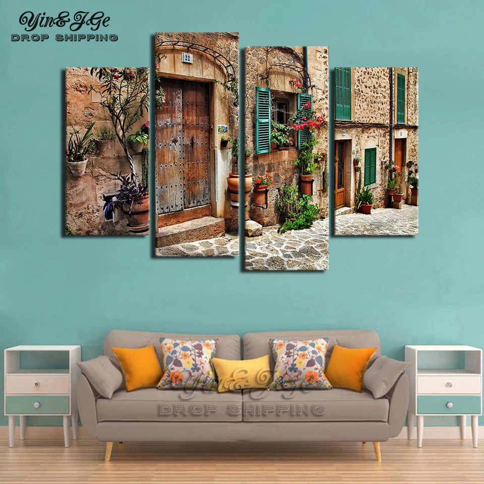 

Frame Art Modular Canvas Picture Poster HD Prints 4 Pieces Streets Of Old Mediterranean Towns Flower Painting Bedroom Wall Decor