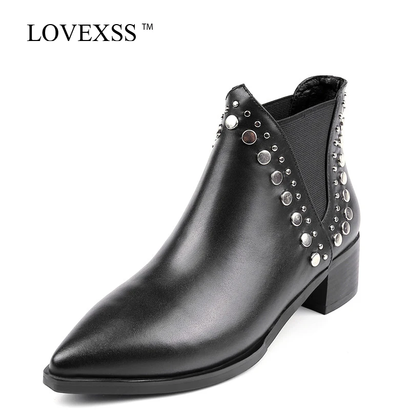 

LOVEXSS Woman Pointed Toe Boots Autumn Winter Plus Size 33 - 40 Rivet Punk Boots Fashion Genuine Leather Ankle Boots Black 2017