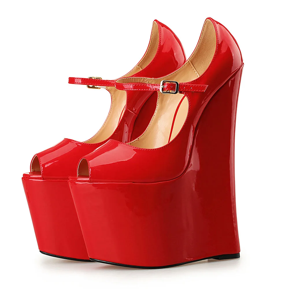 

2017 Fashion Ankle Strap Extreme High Wedges Platform Pumps Women patent leather Peep Toe shallow Summer Party  Shoes Red Black