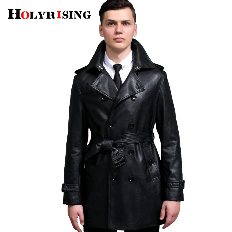 Fashion Black Trench Coat Men Spring Autumn Style Casual Double Breasted PU Trenchcoat Slim Turn Collar Windbreaker Size S-6XL