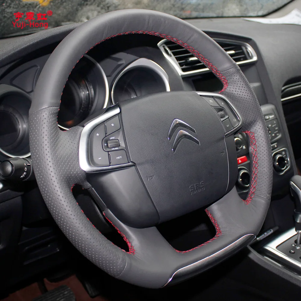 Yuji-Hong верхний слой из натуральной коровьей кожи Чехлы рулевого колеса автомобиля чехол для Citroen C4 C4L 2011- DS4 сшитый вручную черный