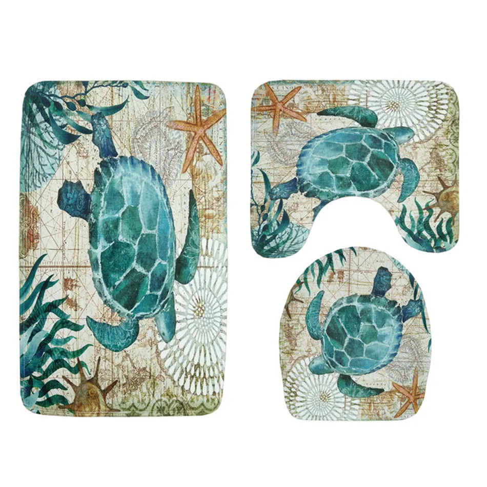 Turtle Octopus 3D Digital Printing Waterproof Polyester Shower Curtain Toilet Mat Four-piece Toilet Intermittent Curtain