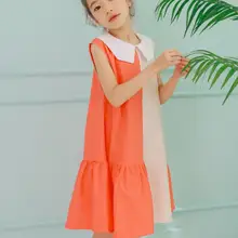 Платье для девочек-подростков, лето, новое хлопковое свободное платье в Корейском стиле для детей, платье без рукавов с оборками, детская одежда ws469