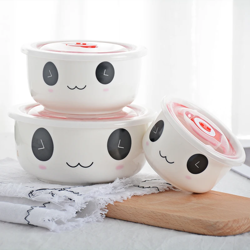 

3Pcs Japanese Kawaii Ceramic Lunch Box Procelain Bowl Bento LunchBox Portable Food Container For Kids Tableware Dinnerware Set