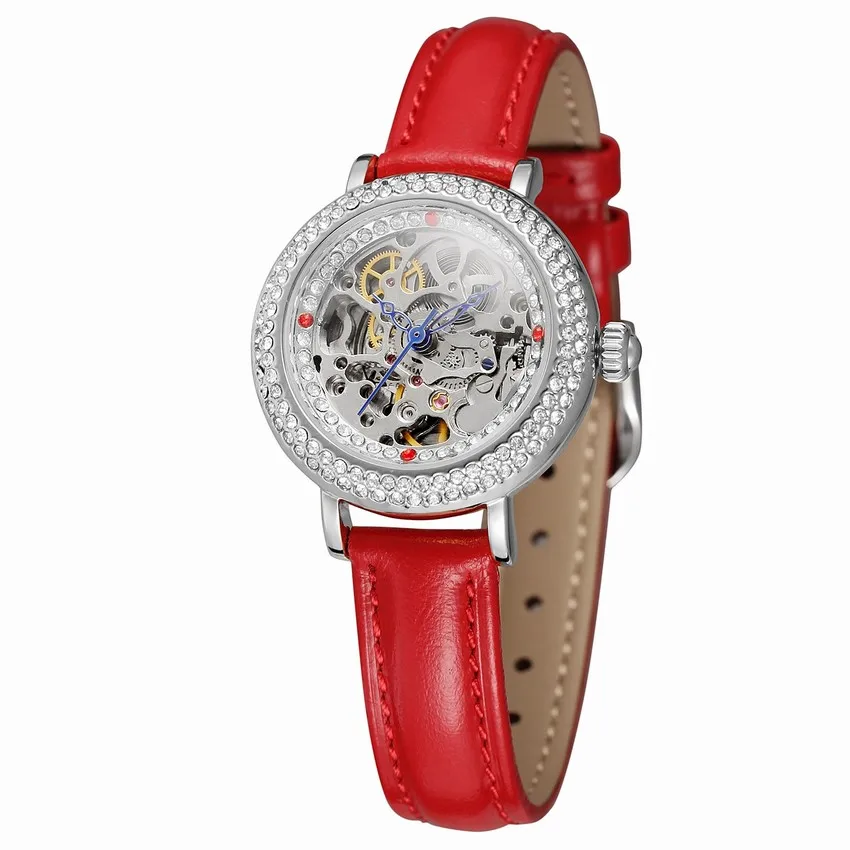 

Red Genuine Leather Transparent Flower Back Lady Fashion Skeleton Diamond Female Clock Women Auto Self Wind Mechanical Watches