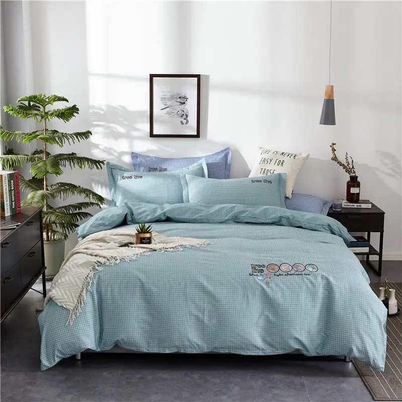 

Nordic Cell Stripes Bedding Set Duvet Cover Pillow Case Flat Bed Sheet 13376 Pure Cotton High Density Bedspread Embroidery Leaf