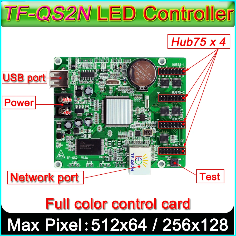 

TF-QS2N Full color LED Sign control card,RJ45 Net port + U disk control card, Hub75 port RGB Led controller