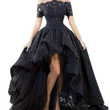 Charmante Maßgeschneiderte Schwarze Spitze Abendkleid Hallo Low Sexy Weg Von der Schulter Boot-ausschnitt Prom Party Kleid Vestidos Para Festa 2017