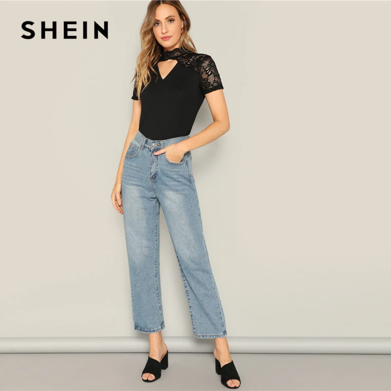 SHEIN модная черная футболка с цветочным кружевом и v-образным вырезом, Женская Однотонная футболка с коротким рукавом, летняя прозрачная Элегантная футболка