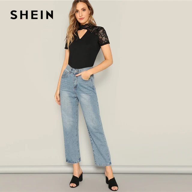 SHEIN Sexy Black Floral Lace Insert V Cut Mock-Neck Tee Solid Short Sleeve T-Shirt Women 2019 Summer Sheer Elegant Tshirt Tops