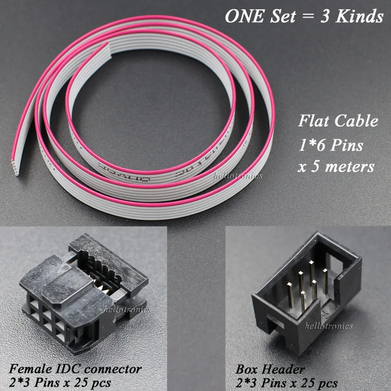 

Hellotronics 1 Set 25 Pcs Box Header 25 Pcs IDC Connector 5 Meters 2x3 Pins Flat Grey Ribbon Cable Wires