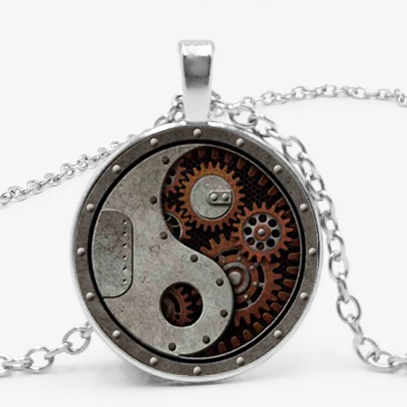Steampunk Inspired Compass Gear Metal Pendant with Chain Necklace 