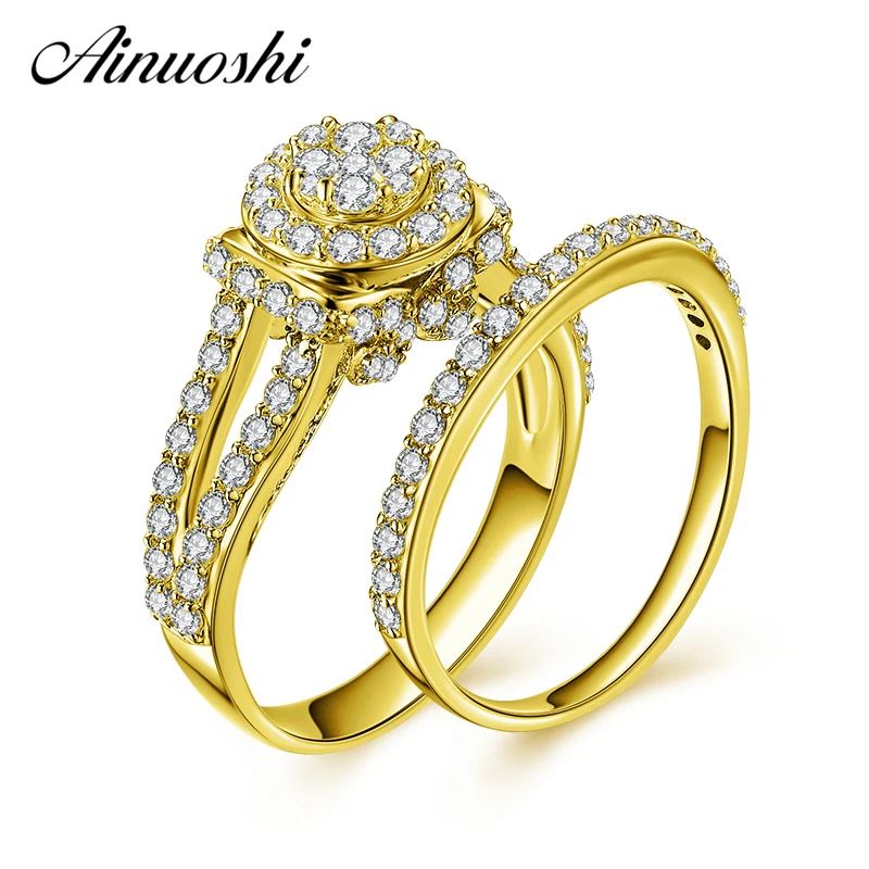 

AINUOSHI 10k Solid Yellow Gold Bridal Ring Set Splendid SONA Diamond Double Halo Ring Set Famale Engagement Wedding Jewelry Gift