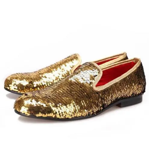 

Mens sequins slip on loafers genuine leather shoes casual luxury Flat Gold Blue plus size S28