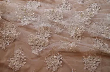 

1 yard ivory beads lace fabric for wedding dress, bridal lace fabric with beads and sequins 3d flower, DZF004