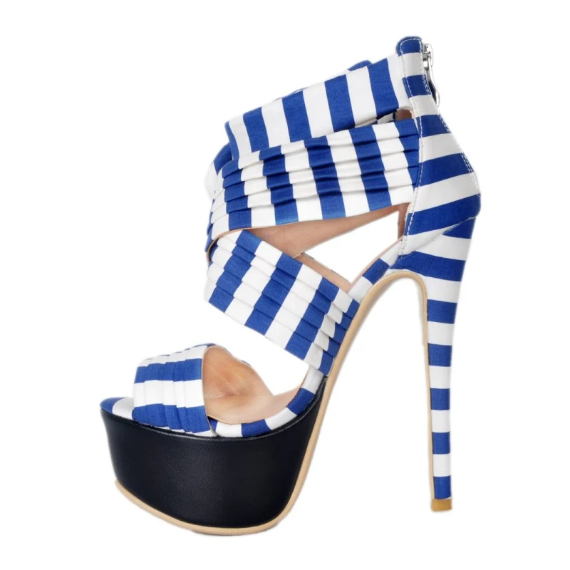 Hot Concise Butterfly-knot High Heel Sandals Blue Stripes Peep Toe Woman Shoes Platform Thin Heels Rome Dress Sandals