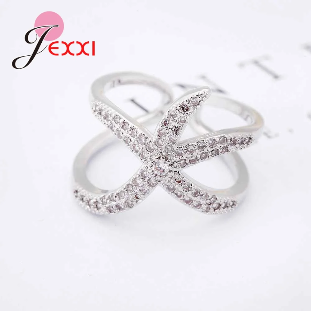 JEXXI Newest Original S90 Silver Adjustable Ring Big Starfish Paved Shiny White Crystals Opening Rings Women Accessory