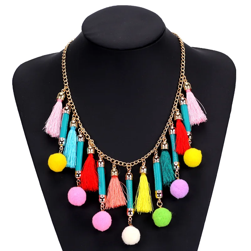 

Bohemian Colorful Gold Leather Ball Pendants Choker Necklaces Fringe Ears Silk Tassel Pom Pom Necklace Jewelry Women Duftgold