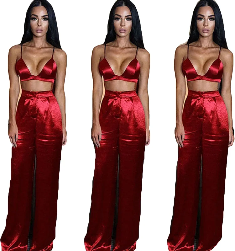 

2017 New Fashion Women Ladies Strape Blouses+Loose Stretch High Waist Wide Leg Long Pants Trousers 2pcs sets