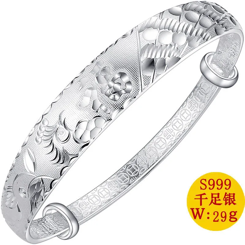 

2019 Bracelet Femme Voor Vrouwen National Wind S999 Sterling Bangle Bracelet Fine Phoenix Flower Push-pull Auspicious Blessings