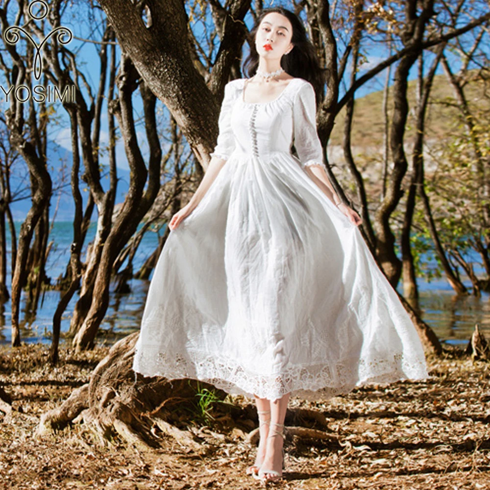 

YOSIMI 2018 Summer Evening Party Vestidos White Long Women Dress Voile Embroidery Maxi Elegant Half Sleeve O-neck Ankle-lenght