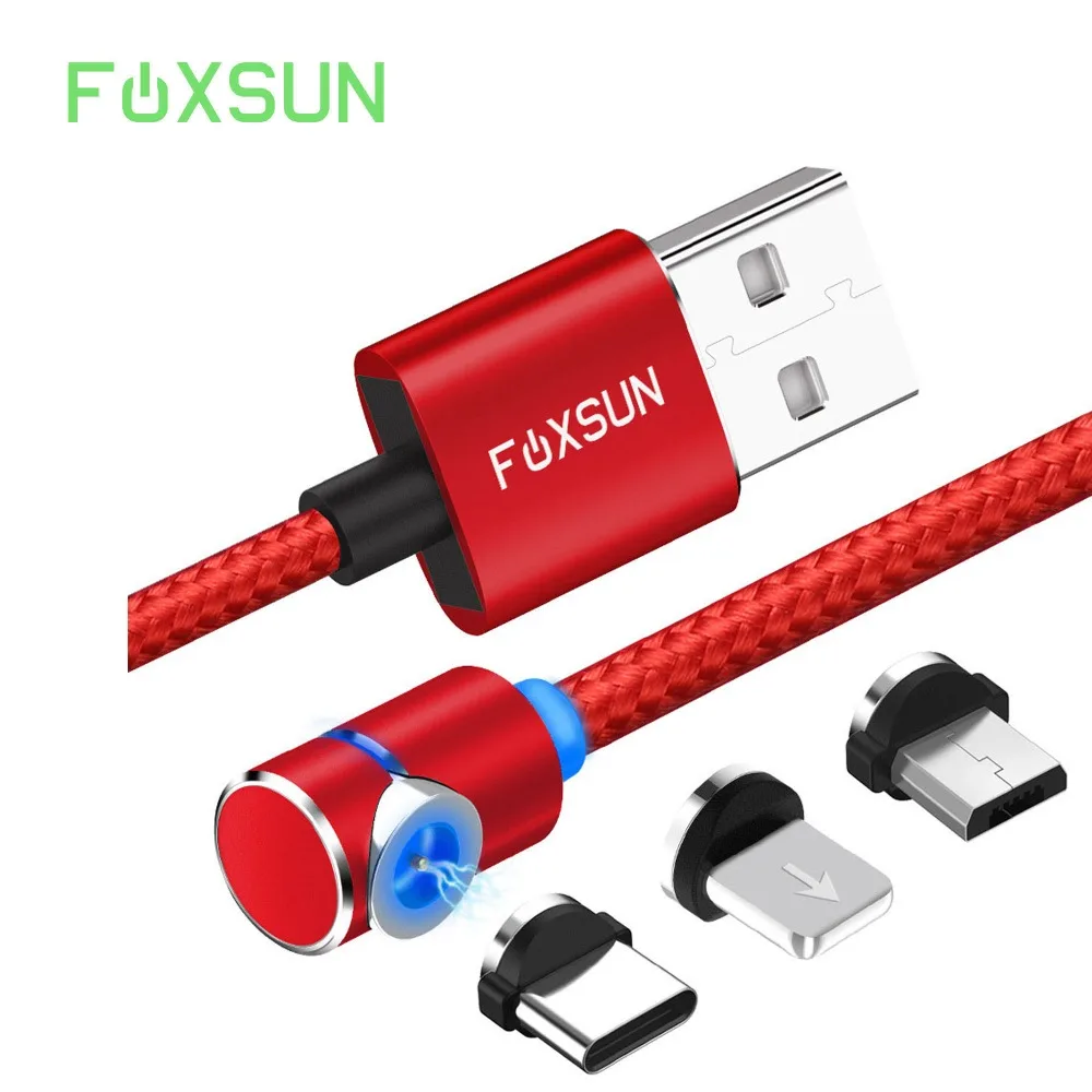 Foxsun 3 في 1 90 درجة للتدوير المغناطيسي كابل البرق + نوع c + مايكرو مزين usb الحبل ل فون 8 7 6 زائد سامسونج